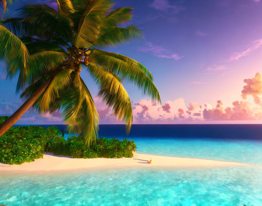 Tranquil Sunset Beach Scene with Palm Tree, Boat, and Turquoise Waters