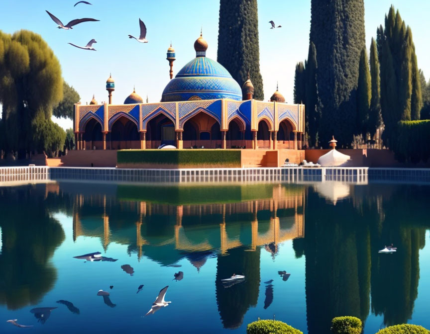 Tranquil scene: vibrant domed building, water reflection, greenery, birds, blue sky