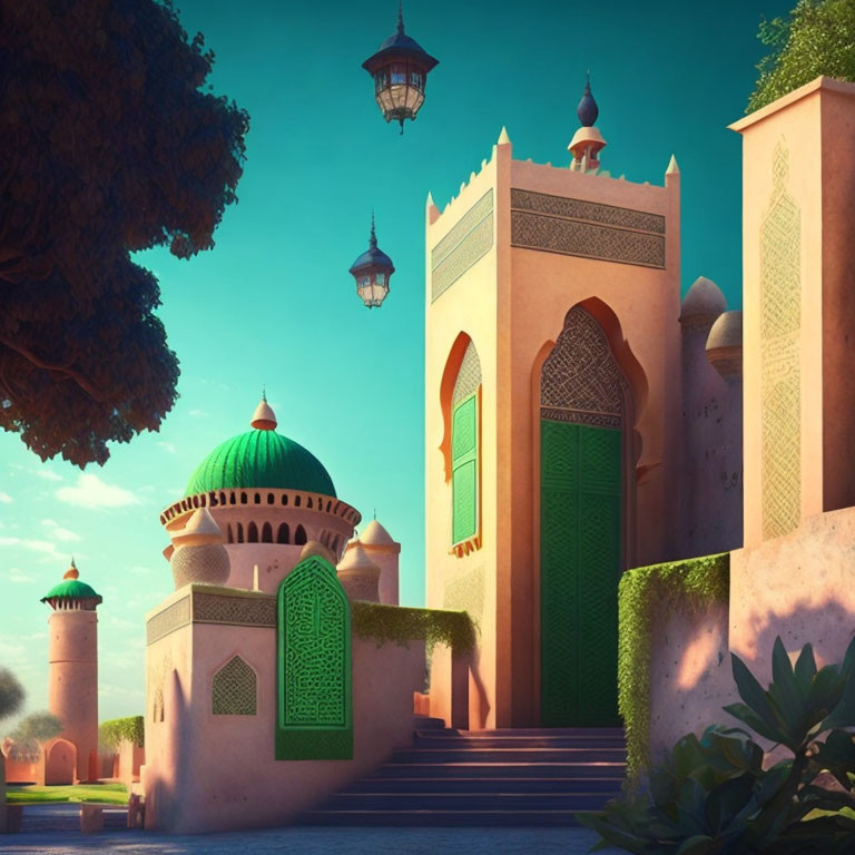 Vibrant palace with green dome, ornate gates, lanterns, and arched entrance