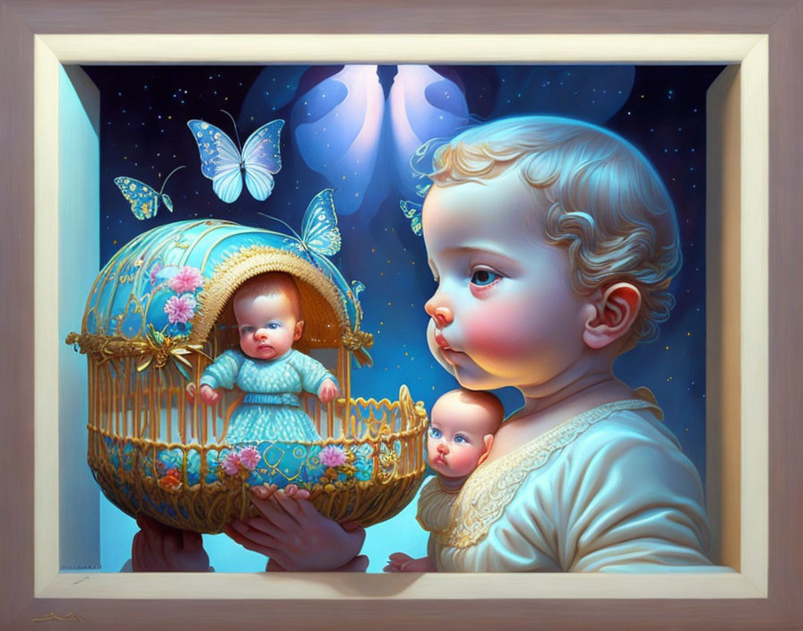 Surreal painting of child gazing at smaller child in basket with oversized butterflies