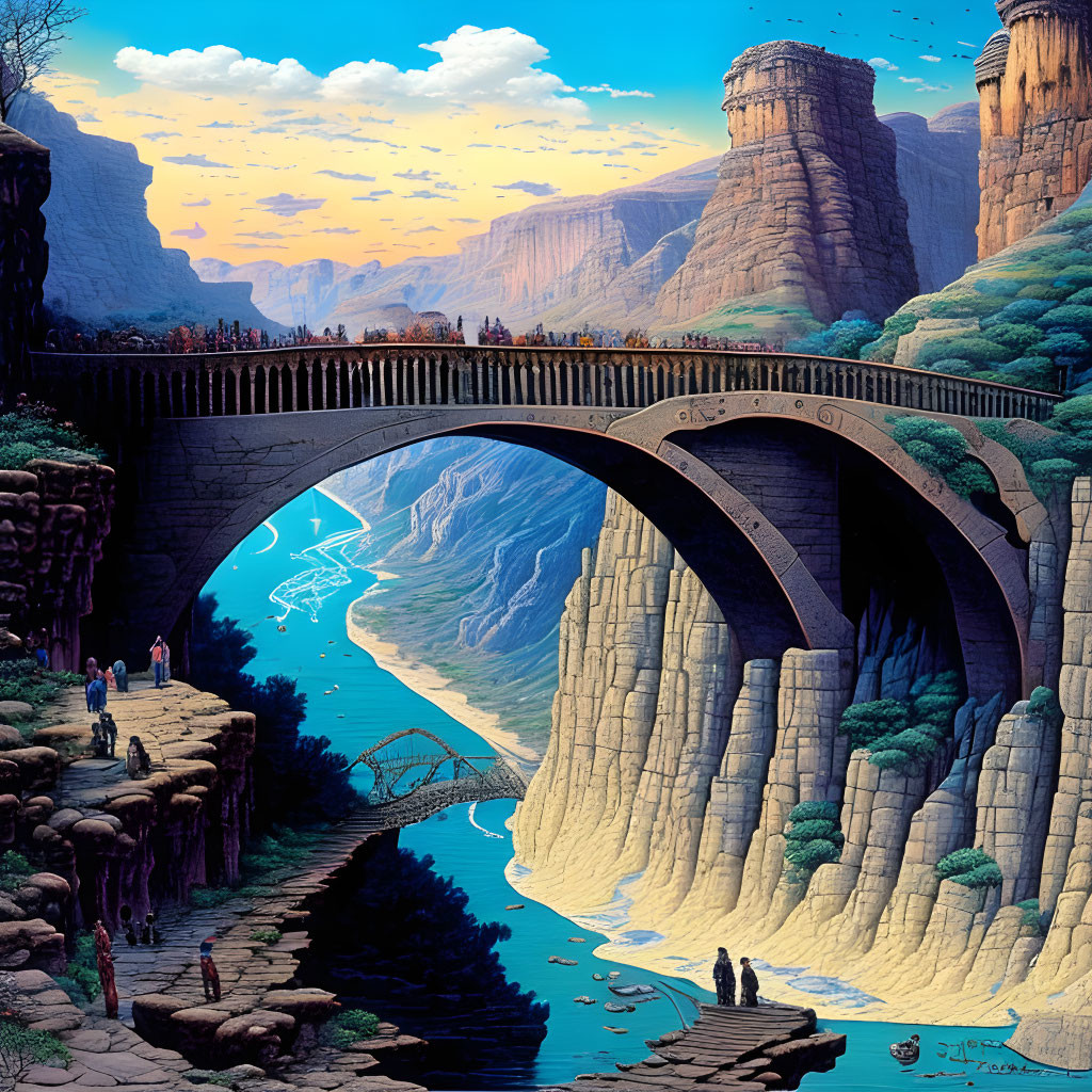 Majestic stone bridge over canyon river at dusk