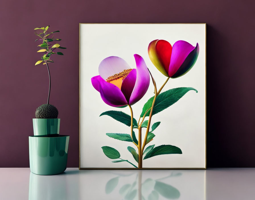 Colorful Stylized Flowers Artwork with Potted Plant on Reflective Surface