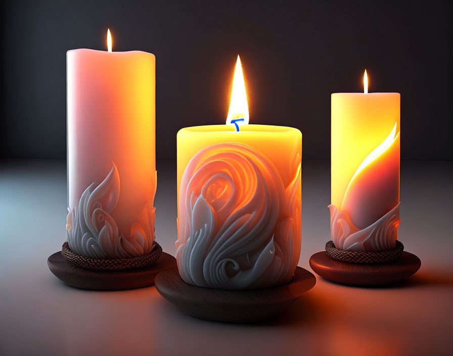 Three Intricately Designed Lit Candles on Dark Background