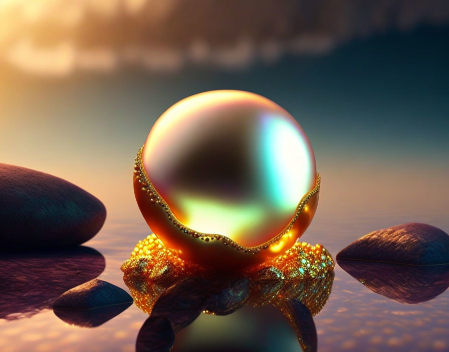 Iridescent sphere on golden beads reflects sunset glow