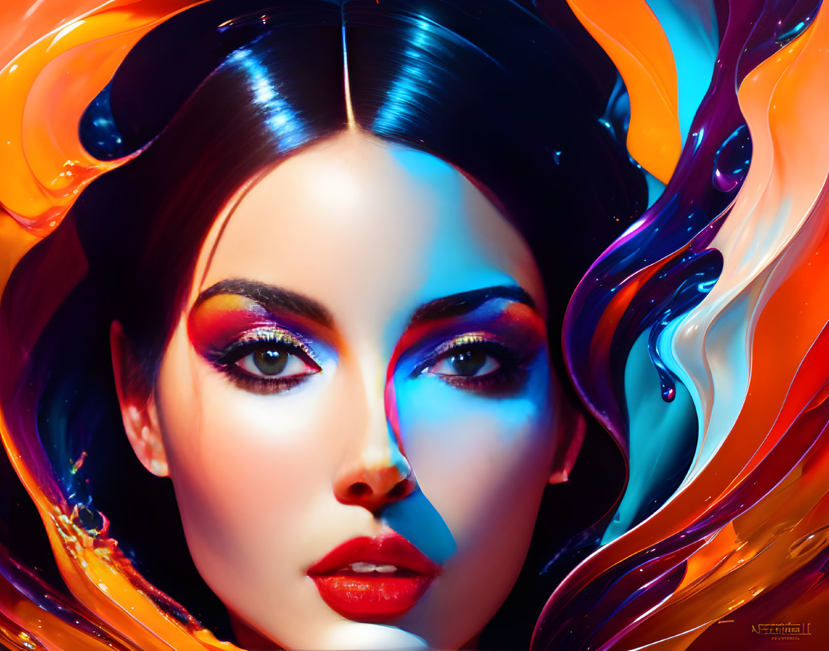 Beautiful Woman appearing from colorful liquid oil
