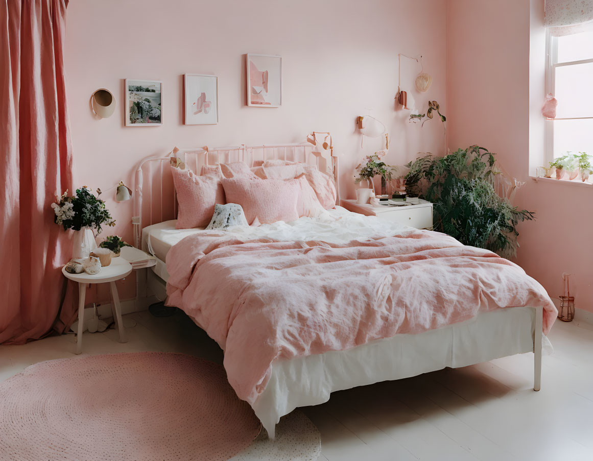 Pink-themed cozy bedroom with rumpled bed linens, wall art, plants, and round rug
