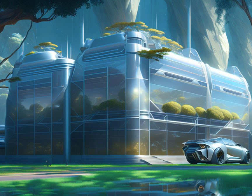 Modern building, reflective surfaces, trees, and sleek car on sunny day