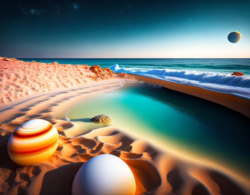 Surreal beachscape: starry sky, planets, vibrant dunes, glowing pool.