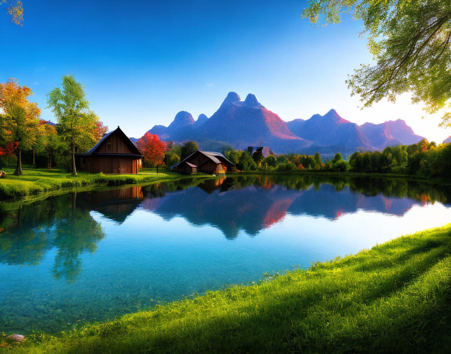 Tranquil lake with wooden cabins, autumn trees, and mountains reflected in clear blue sky