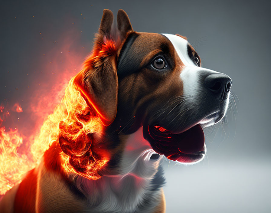 Dog with neck and ear engulfed in flames on dark background, gazing thoughtfully.