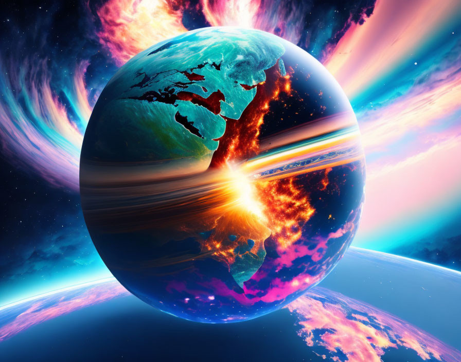 Colorful Planets Illustration: Earth's Surreal Fusion of Land and Space
