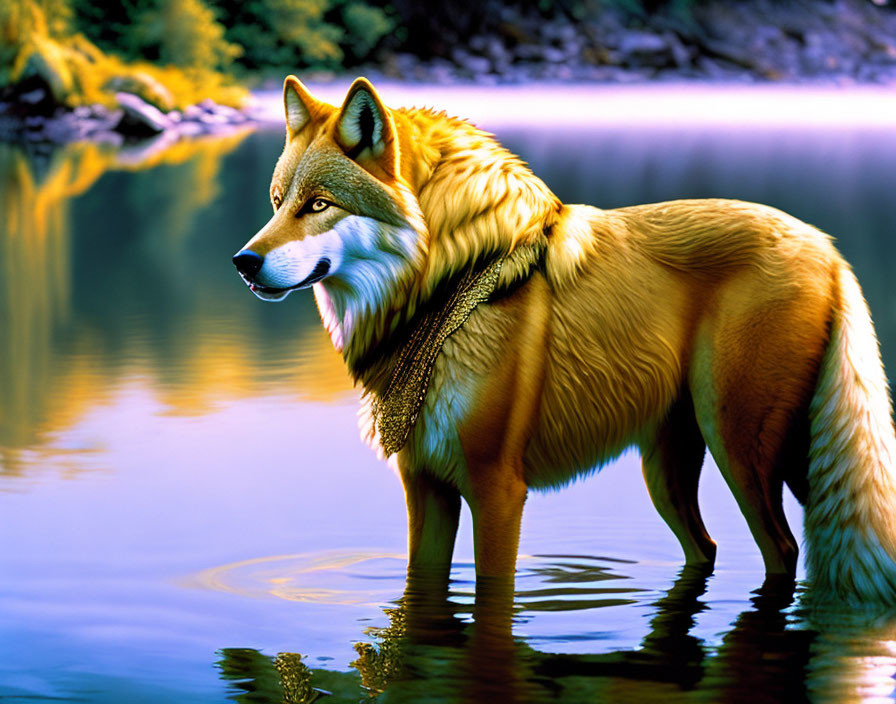 Golden-furred wolf in tranquil waters surrounded by lush greenery