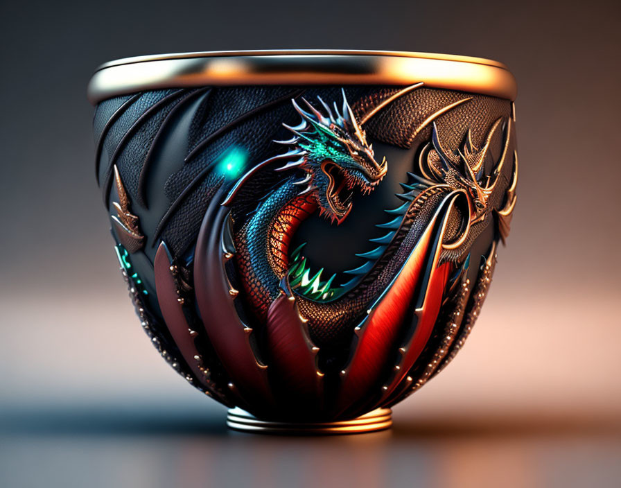 Detailed Ornamental Bowl with Red and Green Dragon Relief