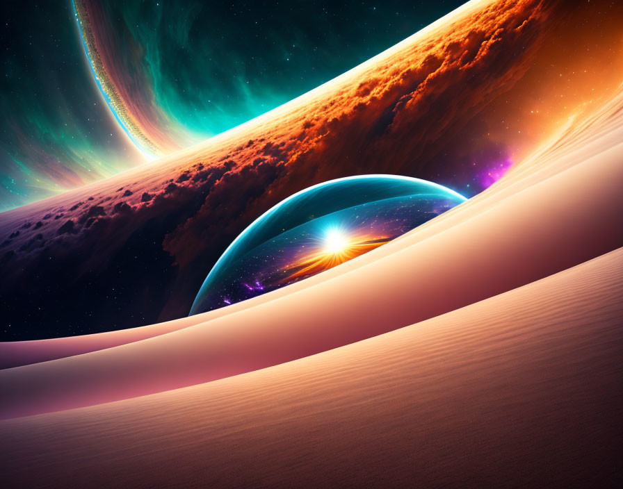 Vibrant surreal space scene with planets, stars, desert landscape