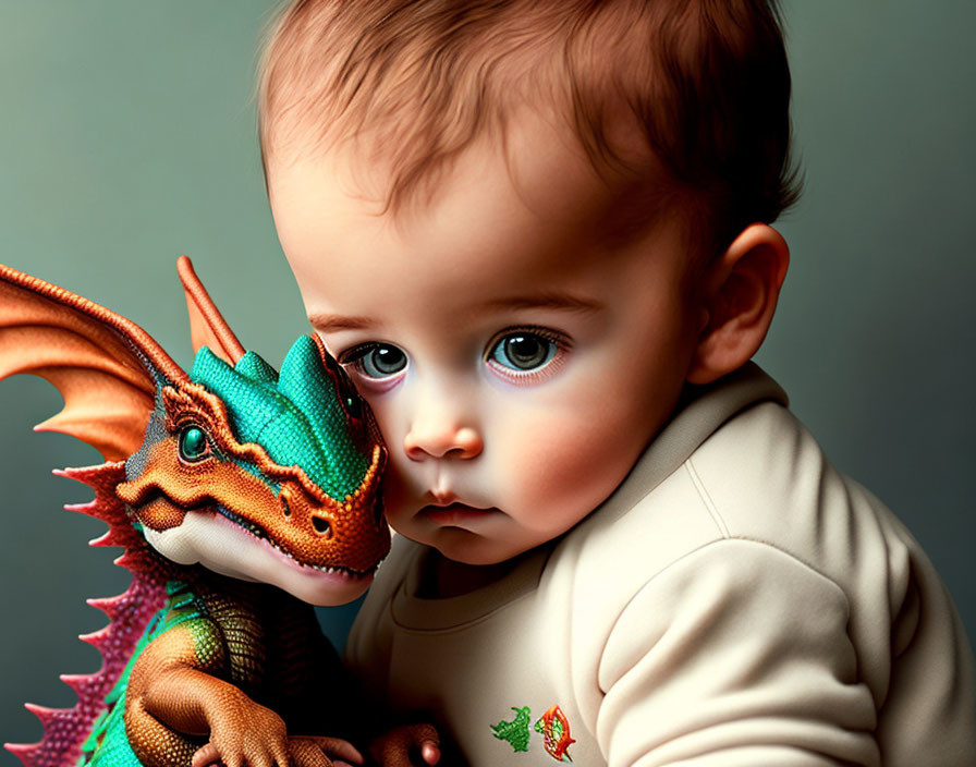 Curious toddler hugging colorful toy dragon