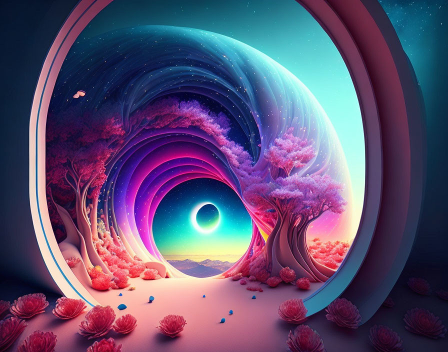 Surreal landscape with swirling sky and pink trees overlooking circular portal