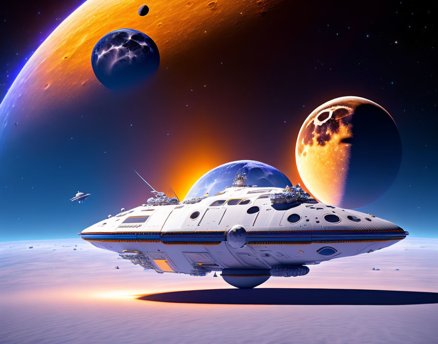 Sci-fi spacecraft flying over colorful planets in starry sky