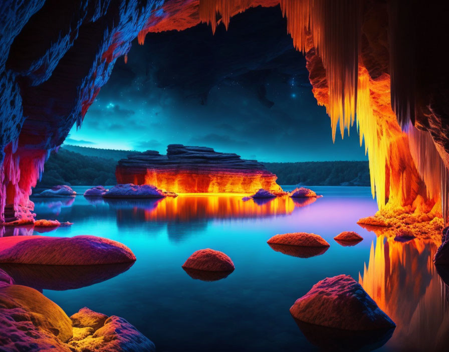 Mystical Cave with Blue and Orange Illumination, Stalactites, Water, and Stone
