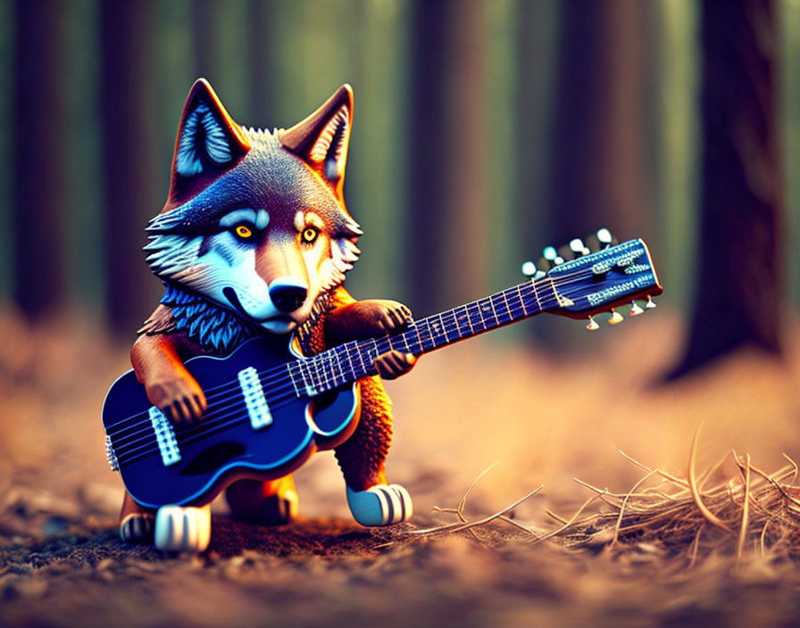 Anthropomorphic wolf playing blue guitar in forest with warm lighting