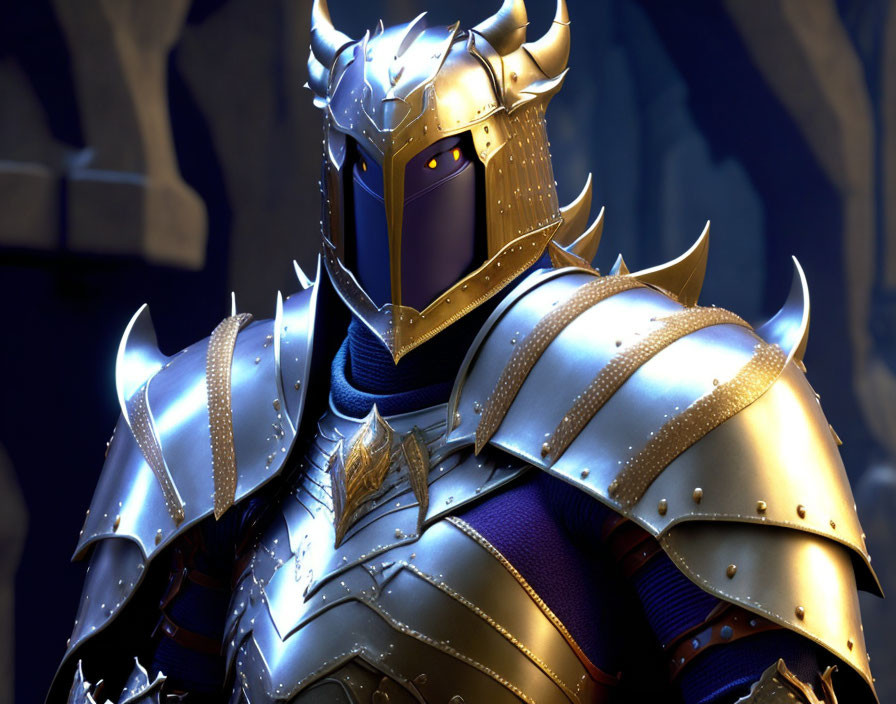 Detailed 3D Rendering of Knight in Silver Armor with Gold Accents