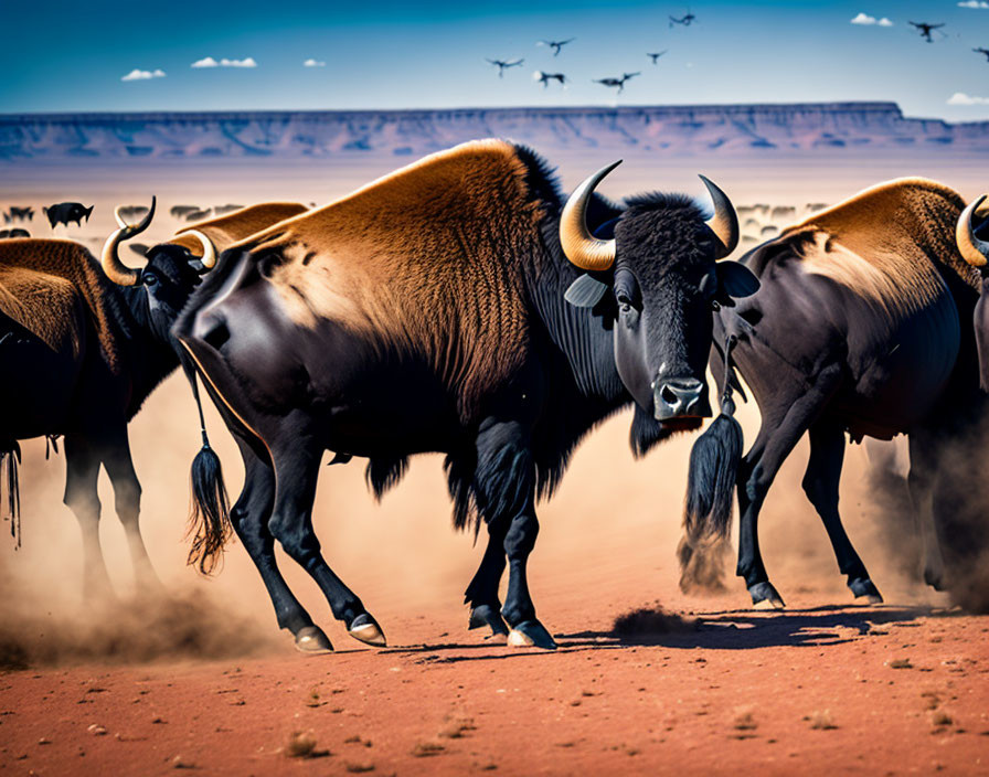 Majestic brown bulls with curved horns in desert landscape