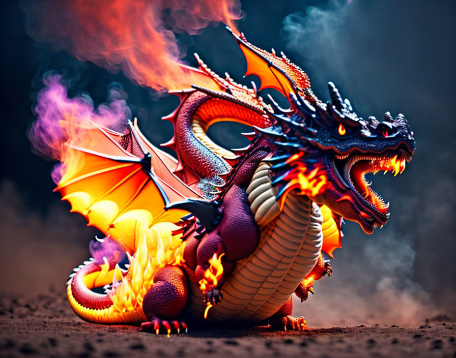 Colorful three-headed dragon digital artwork with flames and smoke on dark background