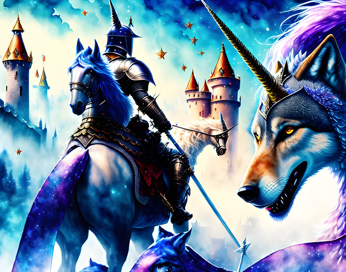 Fantasy knight on horse with unicorn-horned wolf near colorful castles