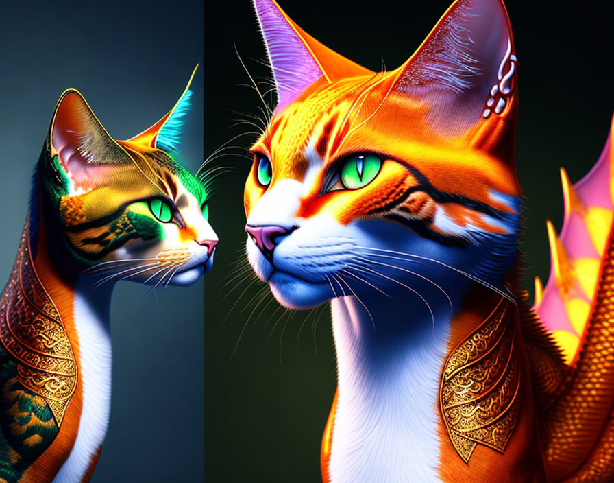Vividly colored digital art cats with intricate patterns facing each other