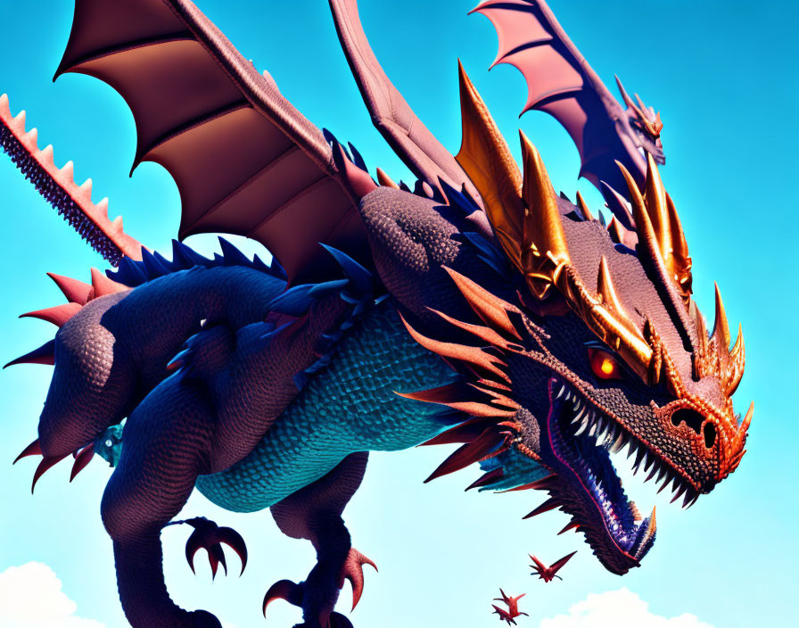 Red-spiked dragon with expansive wings flying in clear blue sky