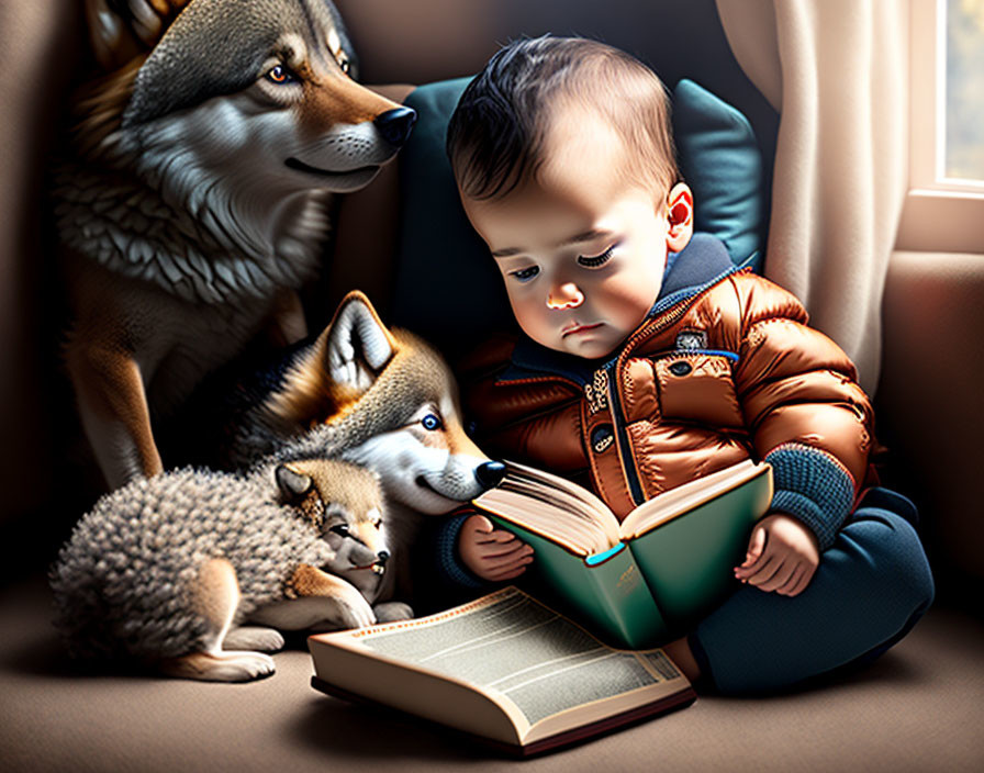 Toddler reading book with three dogs in cozy room