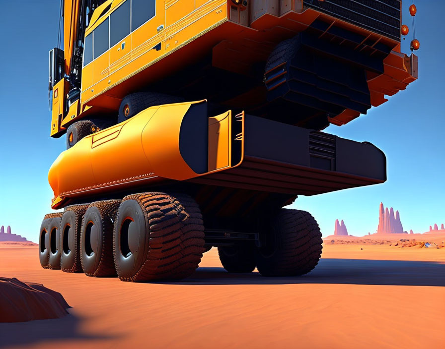 Futuristic yellow and black caterpillar-tracked vehicle in sandy desert landscape
