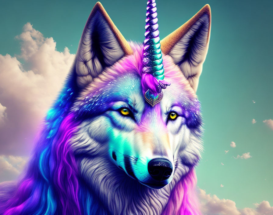 Mythical creature with wolf head and unicorn horn in colorful illustration