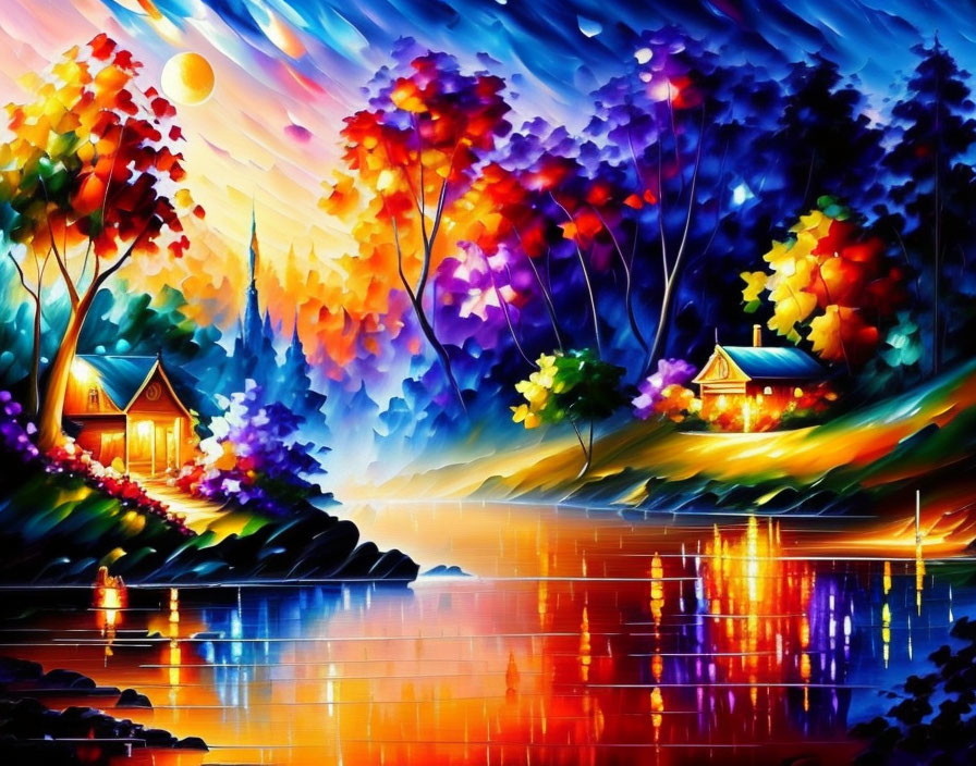 Colorful Lakeside Twilight Painting with Illuminated Cottages