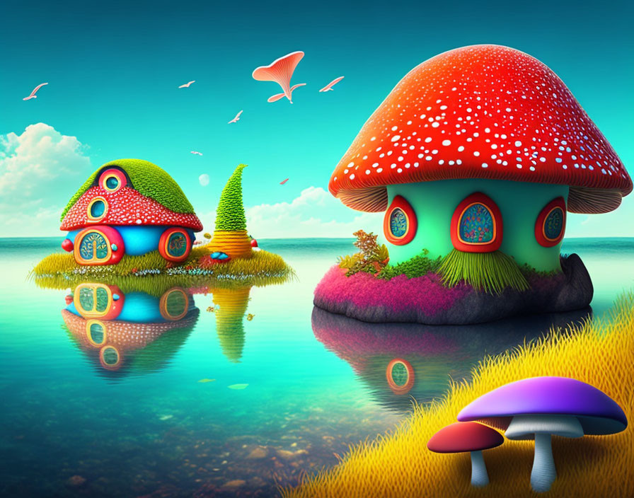 Colorful Mushroom Houses by Reflective Water in Whimsical Landscape