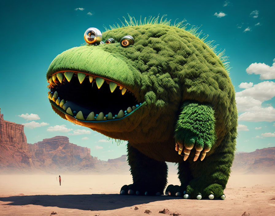 Green furry monster with large eyes and sharp teeth in desert landscape