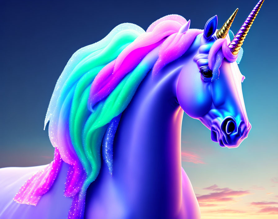Colorful Unicorn with Gradient Mane on Twilight Sky Background