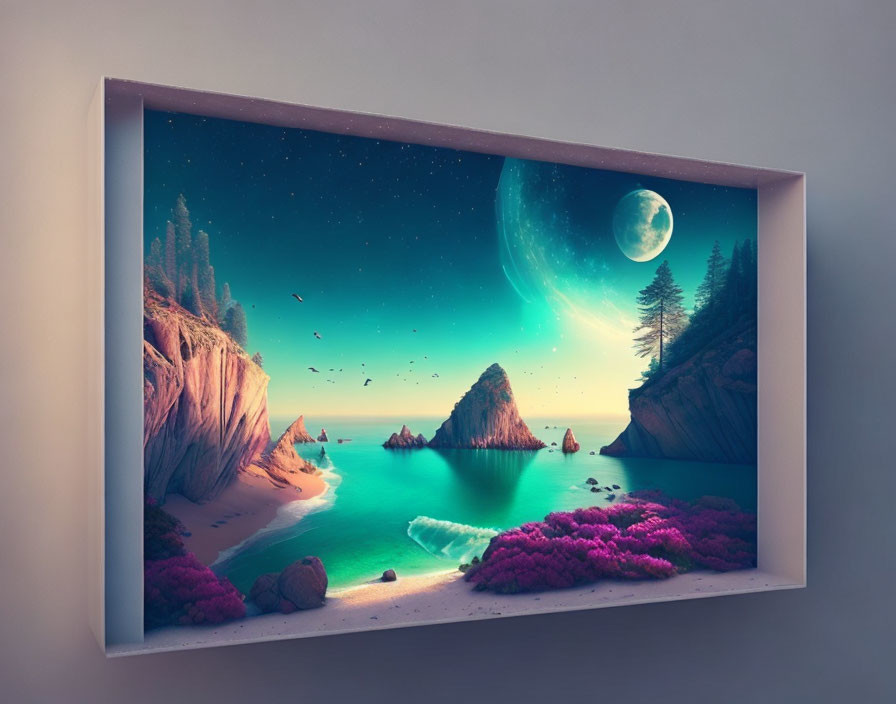 Surreal coastal night scene in 3D picture frame