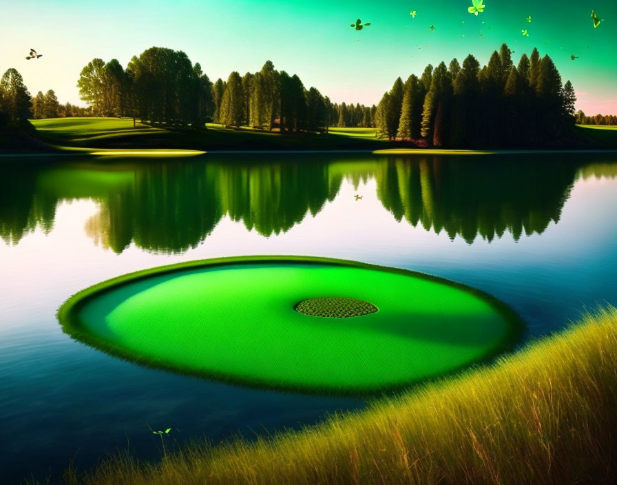 Circular green golf course with water hazard and floating leaves