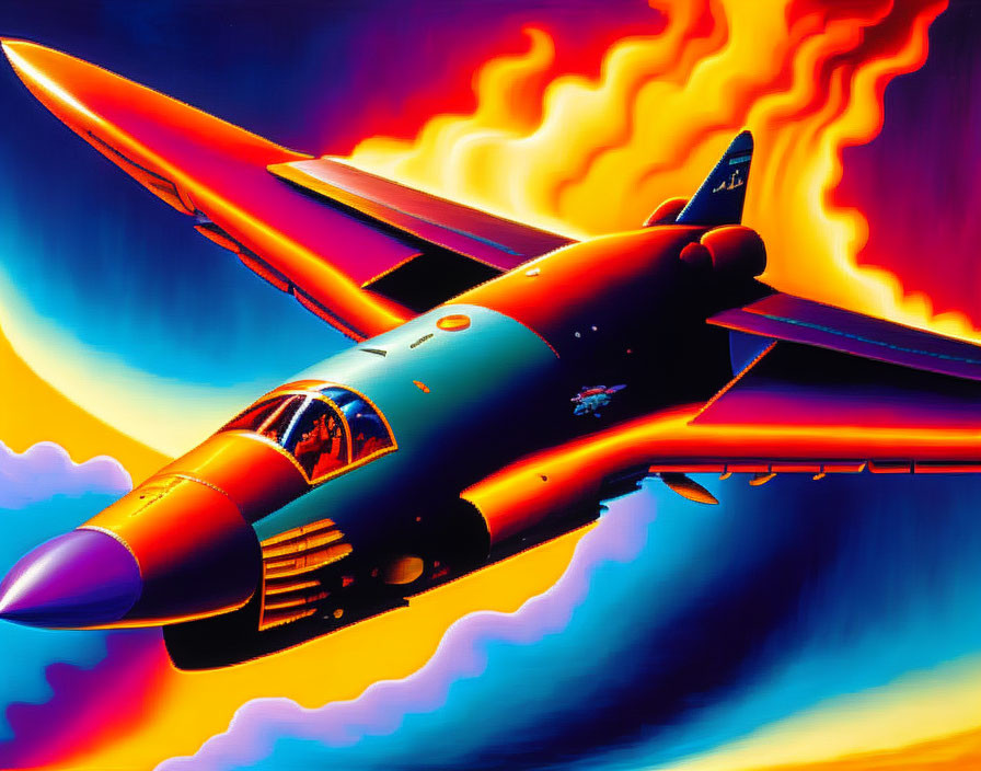 Colorful jet fighter illustration flying in vibrant sky