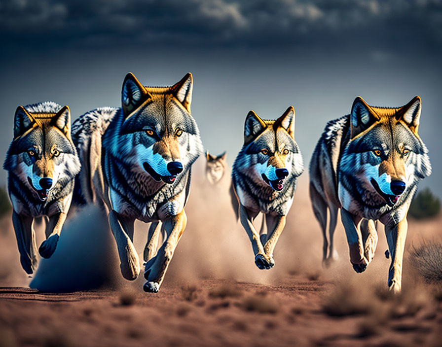 Four wolves running in a line on sandy terrain with blurred background