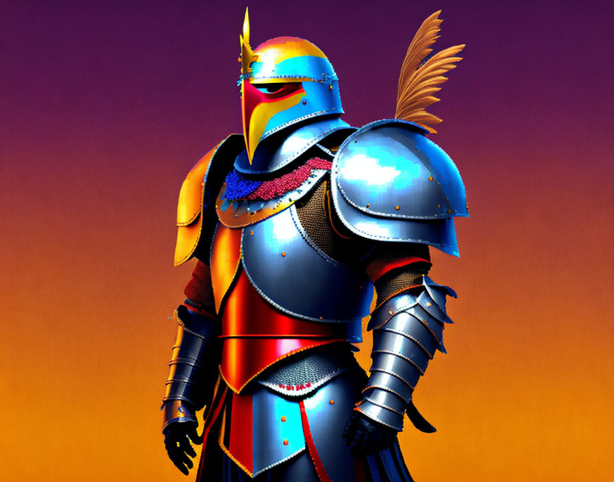 Colorful digital artwork: Knight in blue and orange armor on gradient backdrop