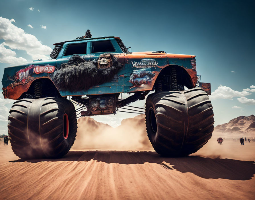 Oversized monster truck racing in sandy desert terrain