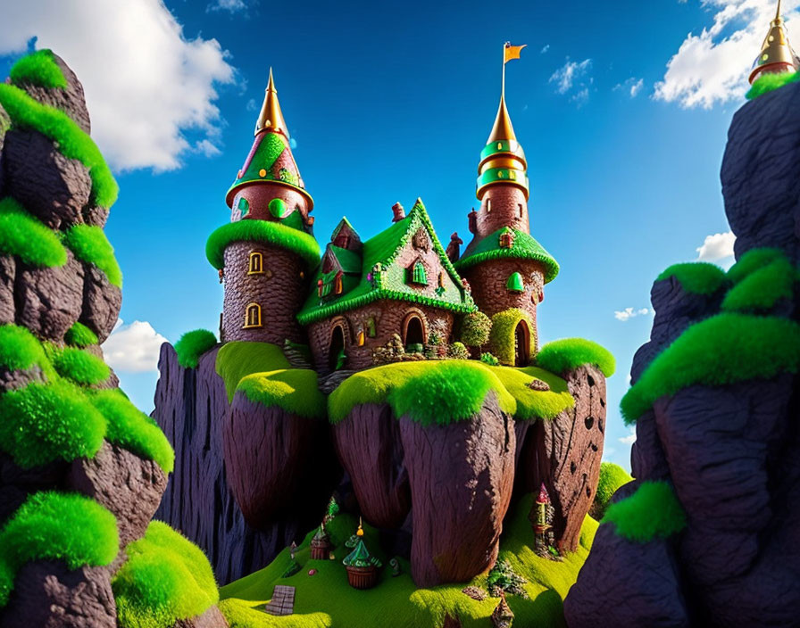 Fantasy Castle with Green Rooftops on Rocky Cliffs under Blue Sky