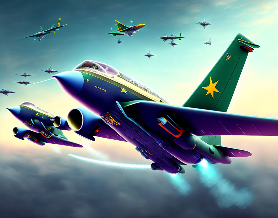 Colorful Fighter Jets Illustration with Dynamic Sky