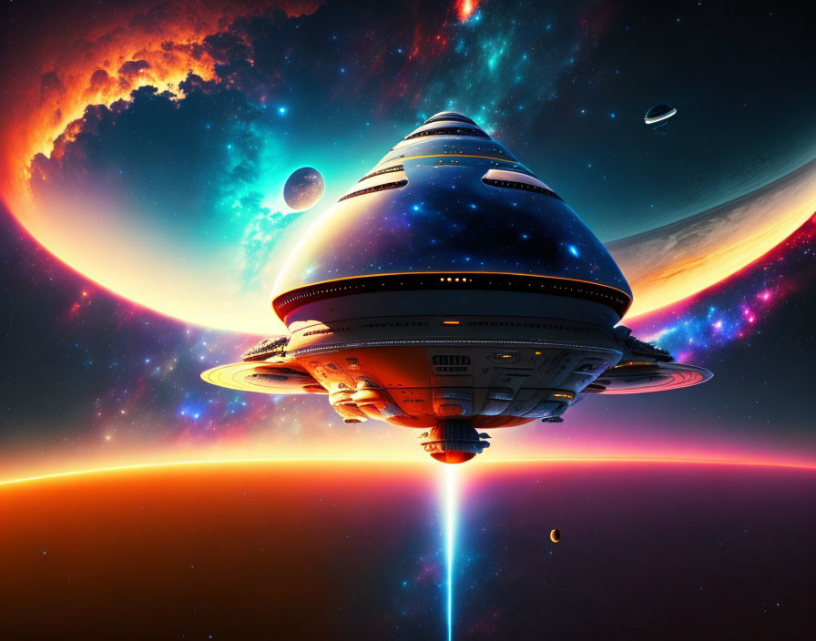 Colorful Sci-Fi Scene: Spaceship Orbiting Fiery Planet in Nebula