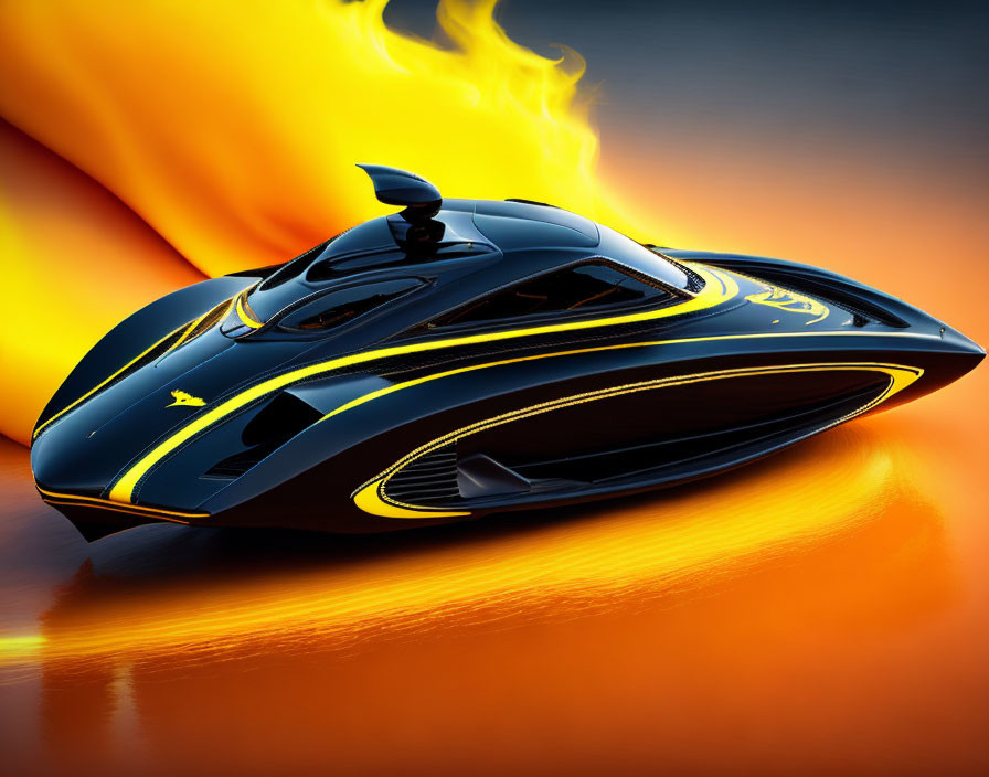 Black and Gold Futuristic Car with Flame Design on Orange Reflective Surface
