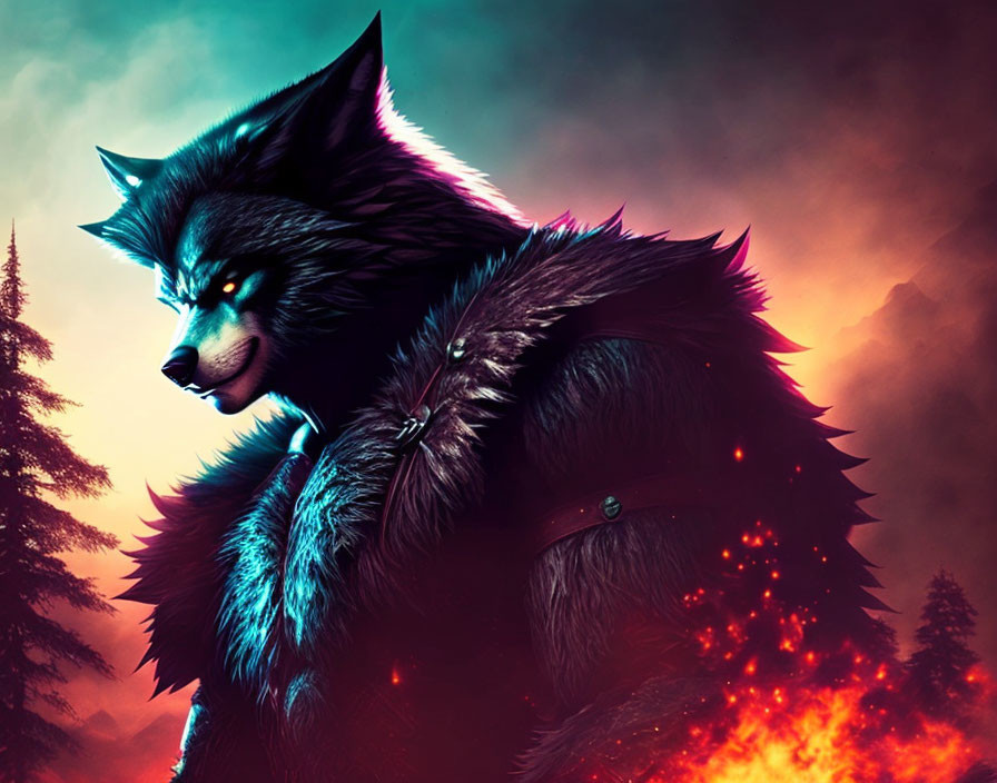 Anthropomorphic wolf with glowing eyes in fiery forest