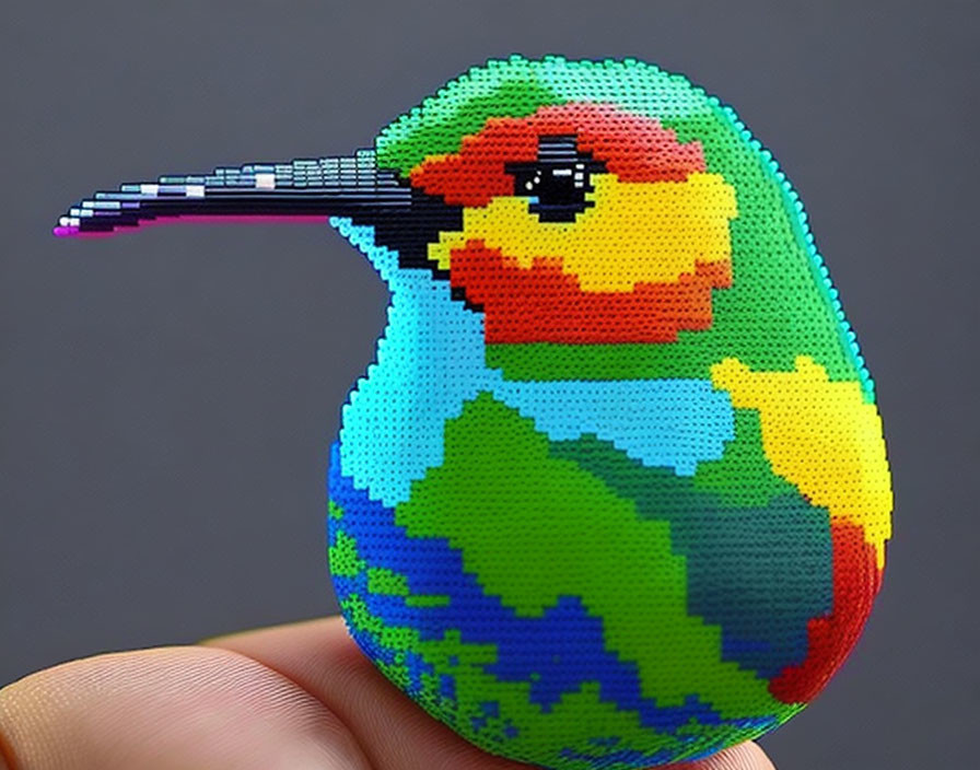 Colorful Pixelated Bird Design on Egg-Shaped Object Against Grey Background