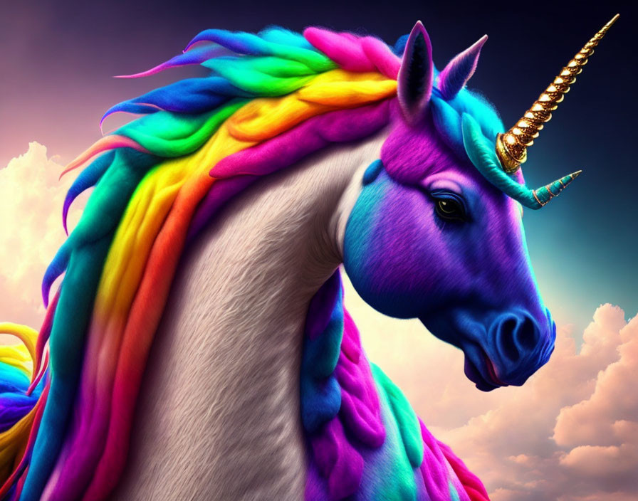 Colorful Unicorn Illustration with Golden Horn in Dramatic Sky