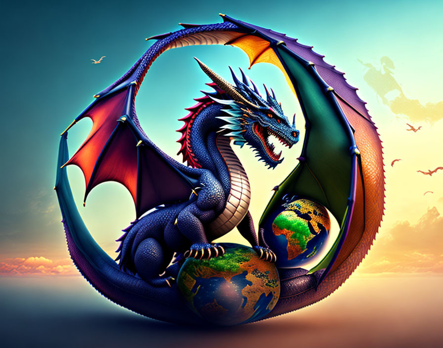 Colorful digital art: Majestic dragon with vibrant wings around Earth in sunset sky